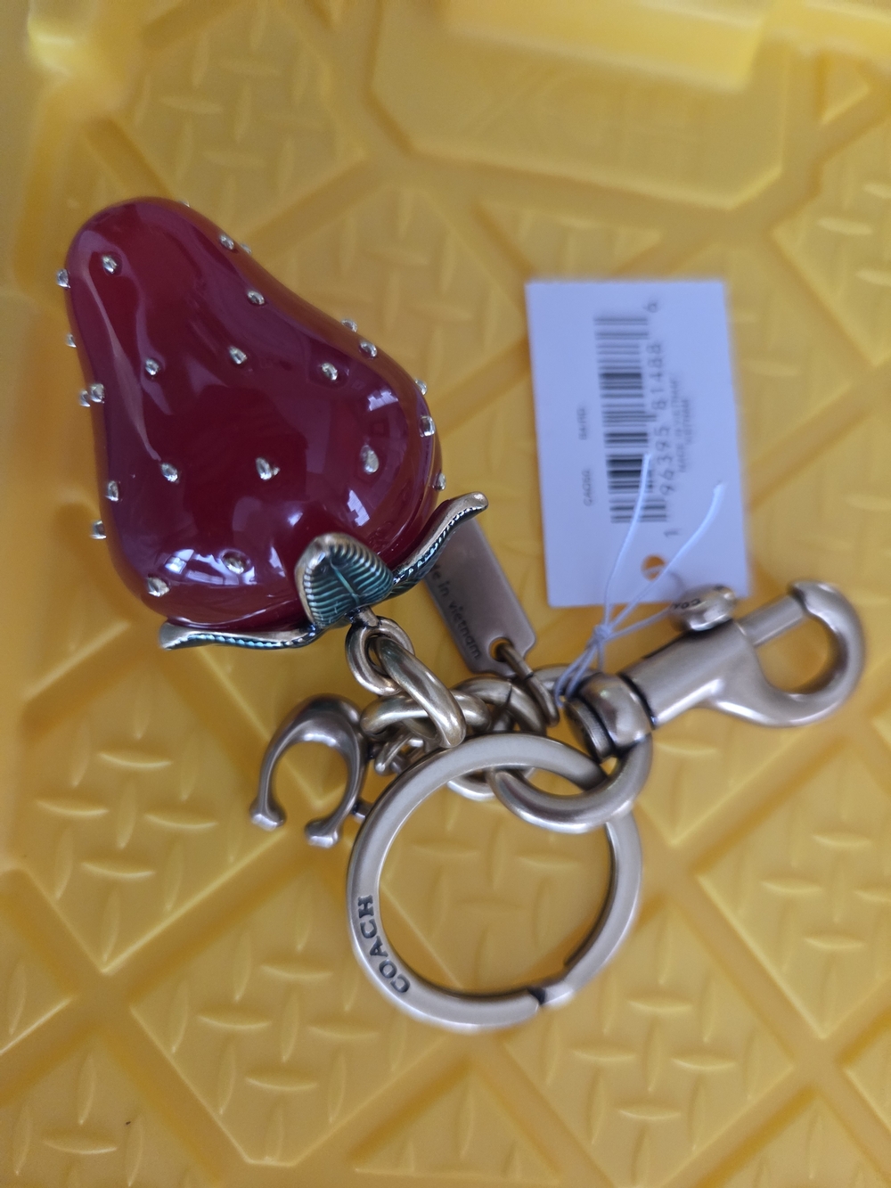 Coach Pink Strawberry Enamel Key & Card Holder Charm with Gold Hardware